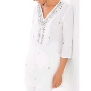 Chicos White Linen Beaded Tunic Top Women 1 Sz 8 M Silver Sequin Boho Beach
